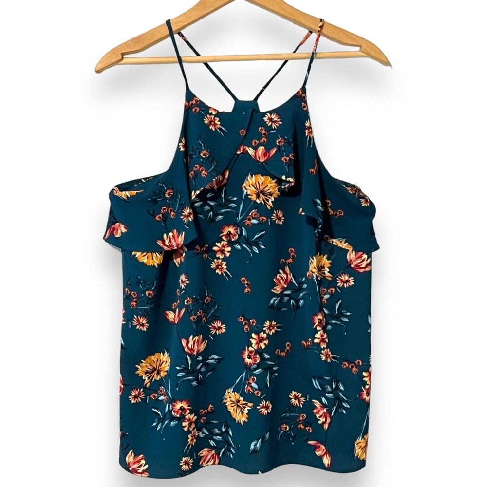 ReneeC Green Floral Ruffle Top Size Medium Spaghetti Strap Halter Shirt Blouse